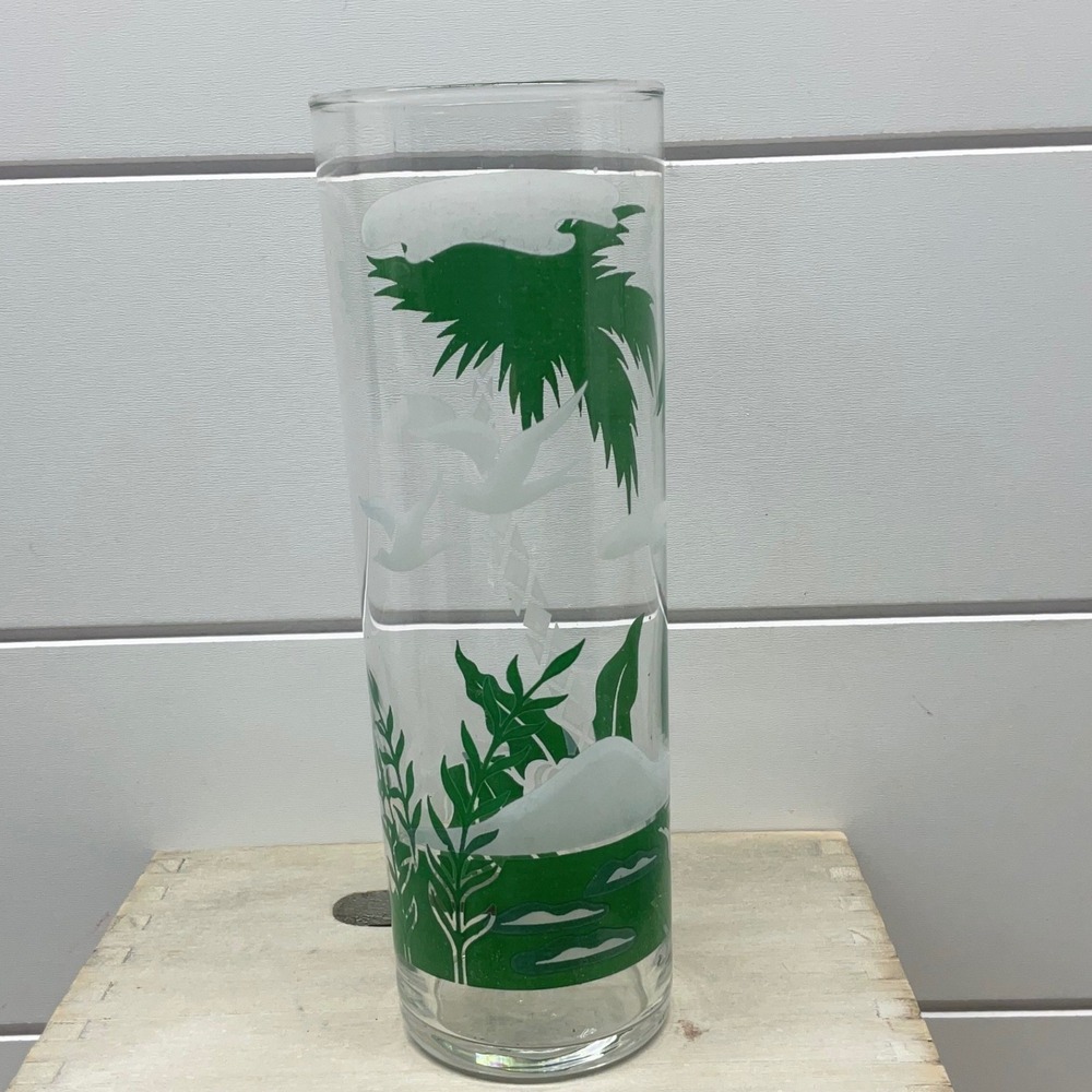 Vintage Green Palm Tree Frosted Seagull Tropical Collins Glass 7 Inch Tall